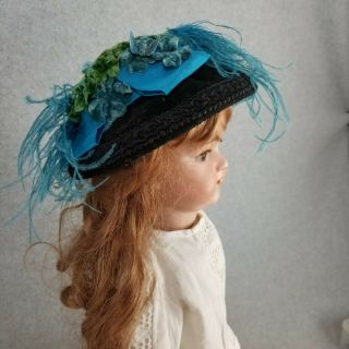 Hand Made Vintage Blue Feather Bird Doll Hat For French German Antique Doll Tlc