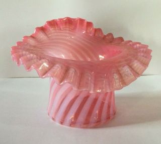 Vintage Fenton Cranberry Pink Opalescent Spiral Optic Swirl Ruffles Hat Vase