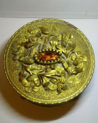 Antique Vintage Jeweled Ornate Brass Vanity Dresser Jar Glass Insert Trinket Box