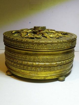 Antique Vintage Jeweled Ornate Brass Vanity Dresser Jar Glass Insert Trinket Box 3