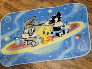 Vintage Baby Looney Tunes Tweety Sylvester & Bugs 1999 Plush 48 " X 30 Blanket