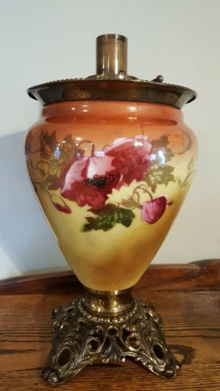 Vintage Bradley & Hubbard Gwtw Hurricane Kerosene Oil Lamp Hand Painted Poppies