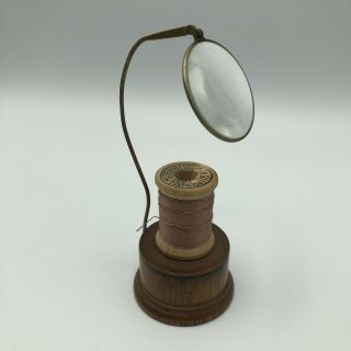 Antique Needle Threader Magnifying Glass Stand Wooden Pat Feb 15 1919 Wood