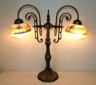 Antique Brass Look Decorative Double Arm Lamp With Reverse Painted Glass Shades