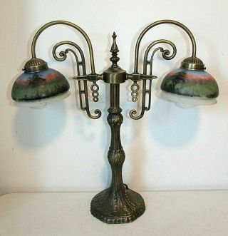 Antique Brass Look Decorative Double Arm Lamp with Reverse Painted Glass Shades 2
