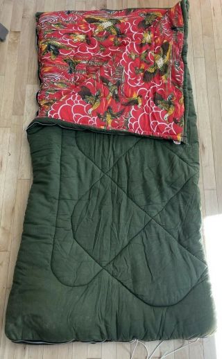 Vintage Coleman Sleeping Bag Green With Red Flannel Game Bird Lining