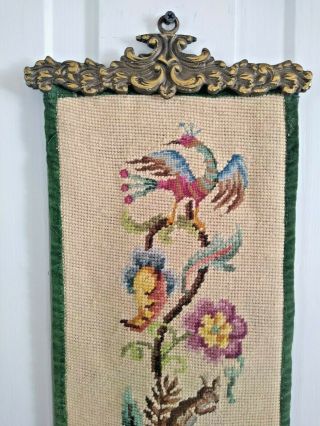Vintage Needlepoint Tapestry Wall Hanging With Brass Accents Birds Floral
