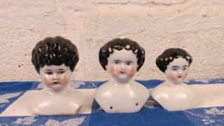 3 Antique Porcelain Victorian Doll Heads Black Hair Blue Eyes Germany