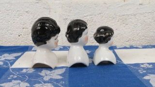3 Antique Porcelain Victorian Doll Heads Black Hair Blue Eyes Germany 2