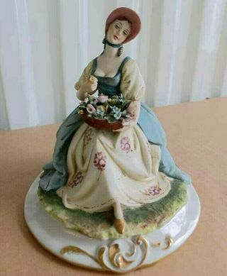 Antique Italian Porcelain Figurine,  Seated Lady W/ Flowers,  By Cyche Cosca,  6 " H