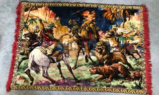 Vintage Arabian Nights Rug Tapestry Horse Lion Camel Fight Middle Eastern 4x6