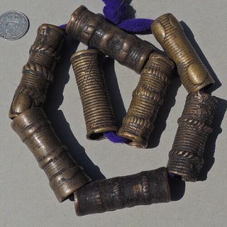 Eight Old Antique Lost Wax Cast Brass Tubular African Beads 72