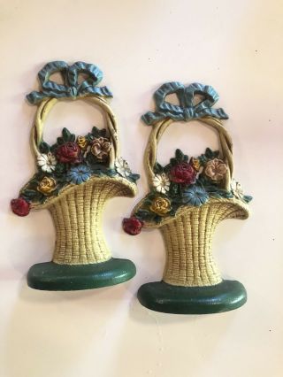 Vintage Pair Cast Iron Flower Bouquet Basket Doorstop Hubley Set Of 2 Antique