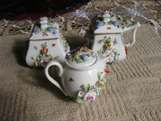 3 Pc Antique Germany Dresden Porcelain Encrusted Floral Insects Miniature Teaset