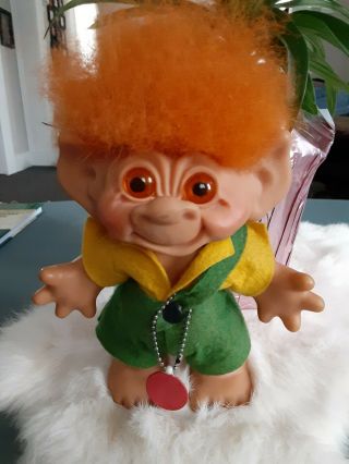Vintage 60’s Dam Troll Doll Bank 8 " Denmark Bright Orange Hair And Orange Eyes