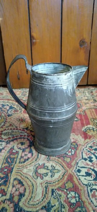 Antique Early 19th C Metal Tin Toleware Footed Pitcher Dark Worn Surface 7.  5 "