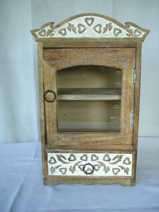 Vtg Small Curio Cabinet Distressed Wood Glass Door W/ Drawer Table Top Shabby