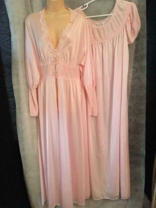 Vtg Vanity Fair Pink Silky Nylon Long Nightgown Robe Set Medium Semi Sheer Soft