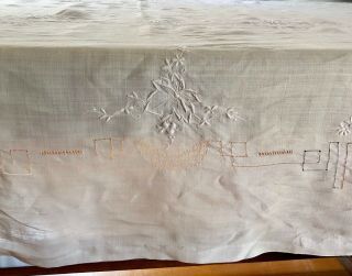 Antique Linen Embroidered Whitework Drawn Thread Banquet Tablecloth 134 X 66