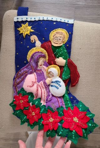 Vintage Bucilla Holy Family Nativity Scene Completed Christmas Stocking