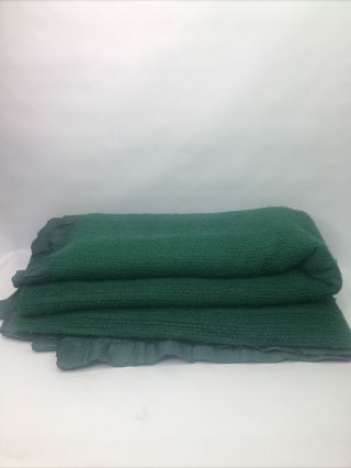Vintage Waffle Weave Thermal Acrylic Blanket Green Satin Trim 101x116 King 2 2
