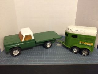 Vintage Nylint Sears Farms Pressed Steel Flatbed Truck And Horse Trailer