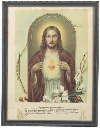 Vintage 1930s Wood Framed Litho Print Sacred Heart Jesus Christ Catholic Antique