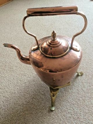 Vintage 19th - C Large Victorian Copper Teapot Kettle With Brass Stand