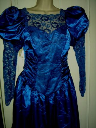 90s Vintage Corset Blue Satin Gown Dress Wedding Formal Ball Bridesmaid Prom S