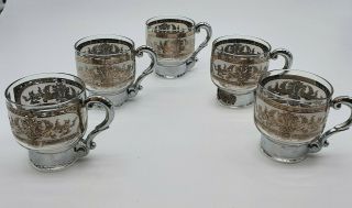 Vintage Antique Etched Glass Ornate Silver Handle Tea Coffee Cup Set Of 5