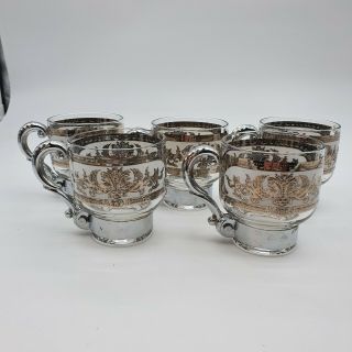 Vintage Antique Etched Glass Ornate Silver Handle Tea Coffee Cup Set of 5 2