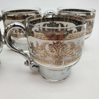 Vintage Antique Etched Glass Ornate Silver Handle Tea Coffee Cup Set of 5 3