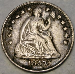 1857 Liberty Seated Silver Half Dime Scarce Very Appealing Drapery Feathers Hair