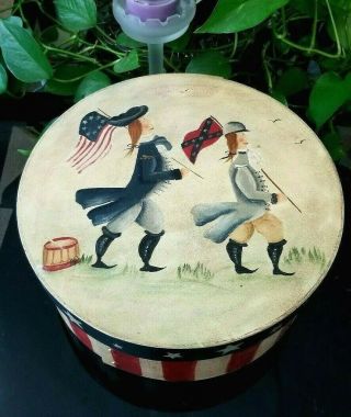 Americana Hand Painted Wooded Round Cheese Pantry Box With Lid Patriotic