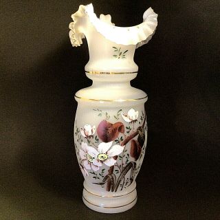 Bristol Vase Enamel Hand Painted Floral Frosted Vintage Antique Gold Accent 13 " H