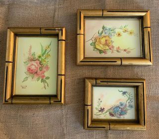Vintage Floral Watercolor Paintings Framed Signed Loriene Rice - Set 3