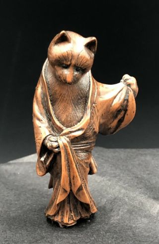 Japanese Netsuke Carved & Painted Polymer Cat Oriental Robes 2 1/4 X 1 1/2 " Pms
