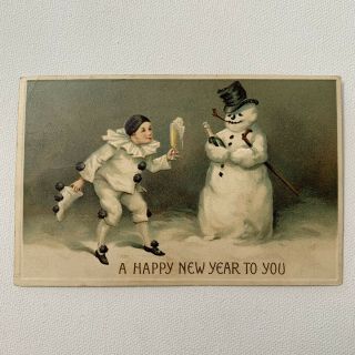 Antique Embossed Postcard Pierrot Clown Drinking Champagne Snowman Years