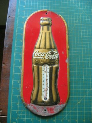 Antique Vintage Tin Metal Old Coca Cola Bottle Thermometer Advertising