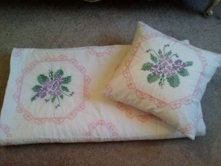 Vintage Hand Made Cross Stitched Flower Embroidery Quilt&pillow - 64x68 - Gorgeous