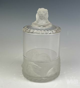 Antique Gillinder & Sons Eapg Frosted Lion Lidded Marmalade Jelly Glass Jar Sms