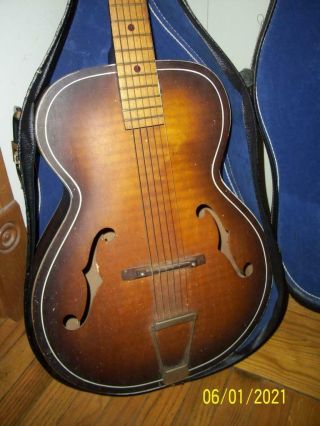 Vtg / Antique 6 - String F Body Style Acoustic Guitar W/case Unknown Manufacturer