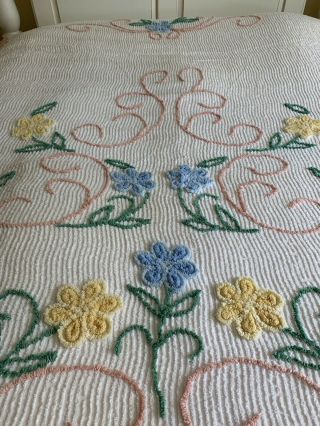 Vintage White Cotton Chenille Bedspread 108 X 176 Chenille Flowers