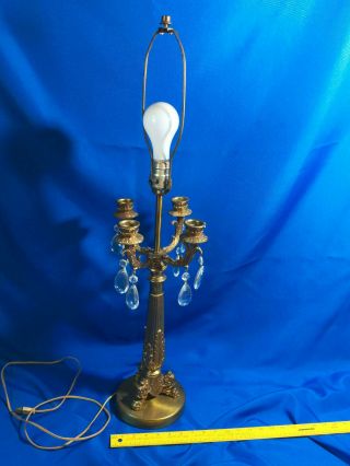 Large Antique/vtg Brass Lamp Candelabra Candle Stick Crystal Teardrop Victorian -
