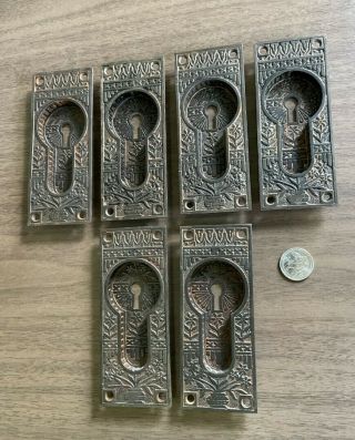 Set 6 Antique Victorian Era Cast Iron Decorative Pocket Door Pulls W/ Key Hole