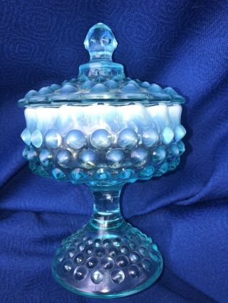 Fenton Glass Blue Hobnail Candy Dish With Lid Vintage Antique Opalescent 3887