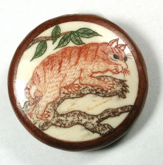 Carved Bone Button Detailed Cat In Tree Set In Wood - 1 & 3/8 "
