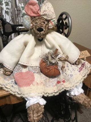 Primitive Fall Teddy Bear Doll,  Antique Quilt,  Pumpkin,  Folk Art Teddy Bear Doll