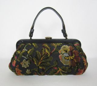Vtg 1950s 60s Kadin Floral Carpet Tapestry Handbag Brass Accents 13 1/2 " Long