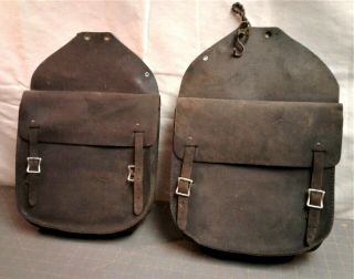 Antique Pair Single Black Leather Saddle Bags Horse Or Motorcycle